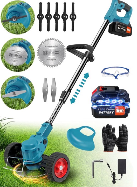 TNTANTS Weed Wacker Cordless, 3-in-1 Lightweight Electric String Trimmer with 3 Types of Blades, Wheels, 24V Battery, Weed Eater Grass Trimmer/Edger/Brush Cutter for Lawn Yard Garden (Blue)