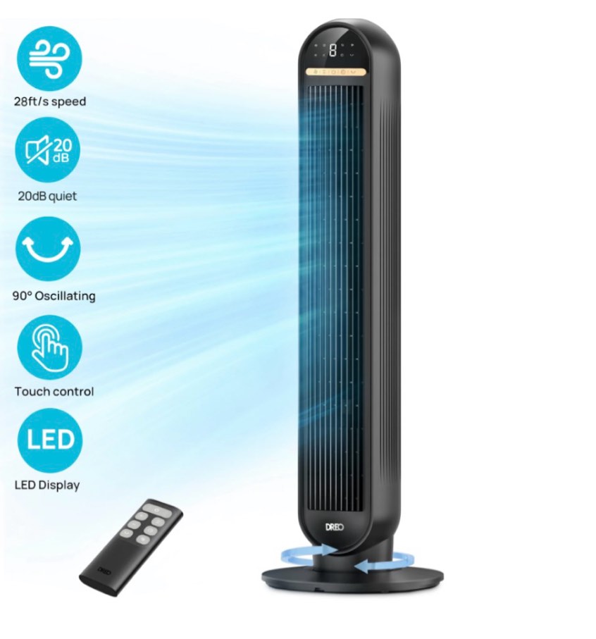 DREO 36  Tower Fan  20dB Ultra Quiet Fans for Home  8 Speeds & 4 Modes  28ft/s Powerful Airflow  90° Oscillating Standing Fan with Remote  8H Timer  2026 New Upgraded