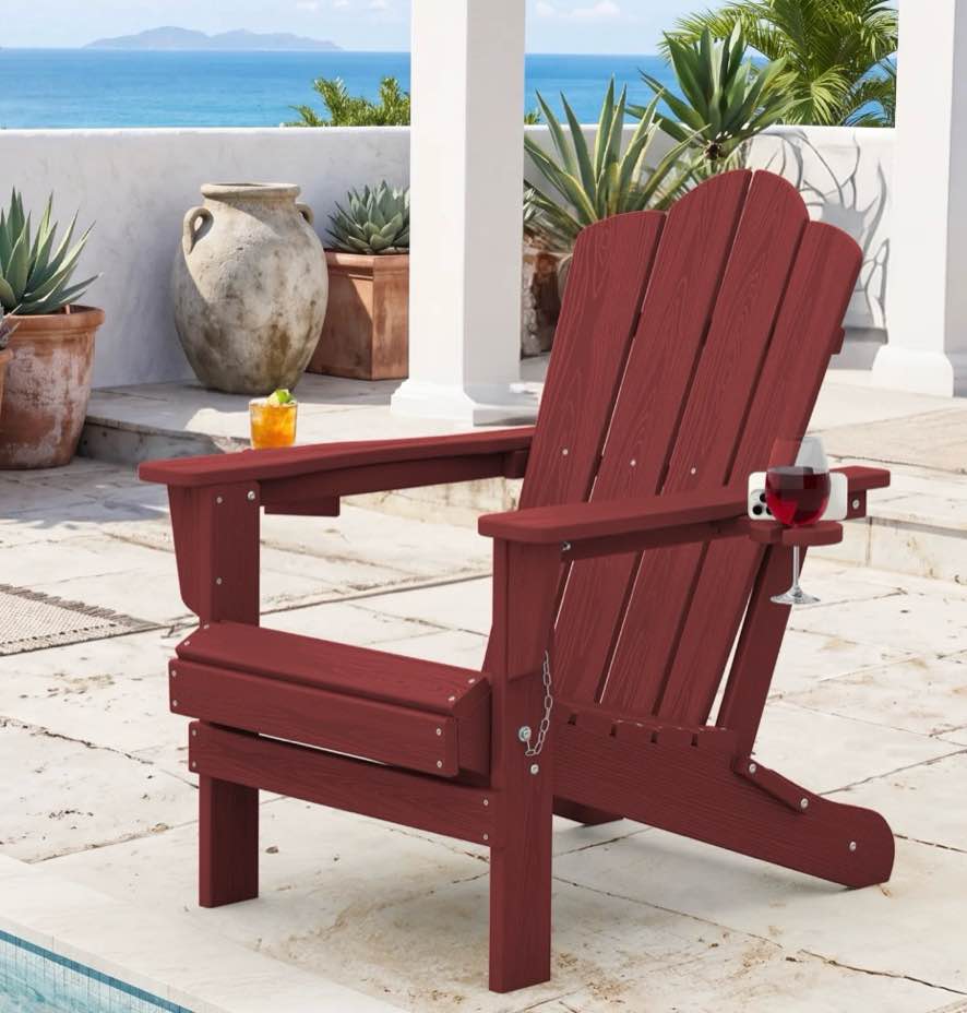 RIAFUN Outdoor Patio chair, Folding HDPE Resin Adirondack Chair with Double Cup Holder & Phone Holder, Dark Red