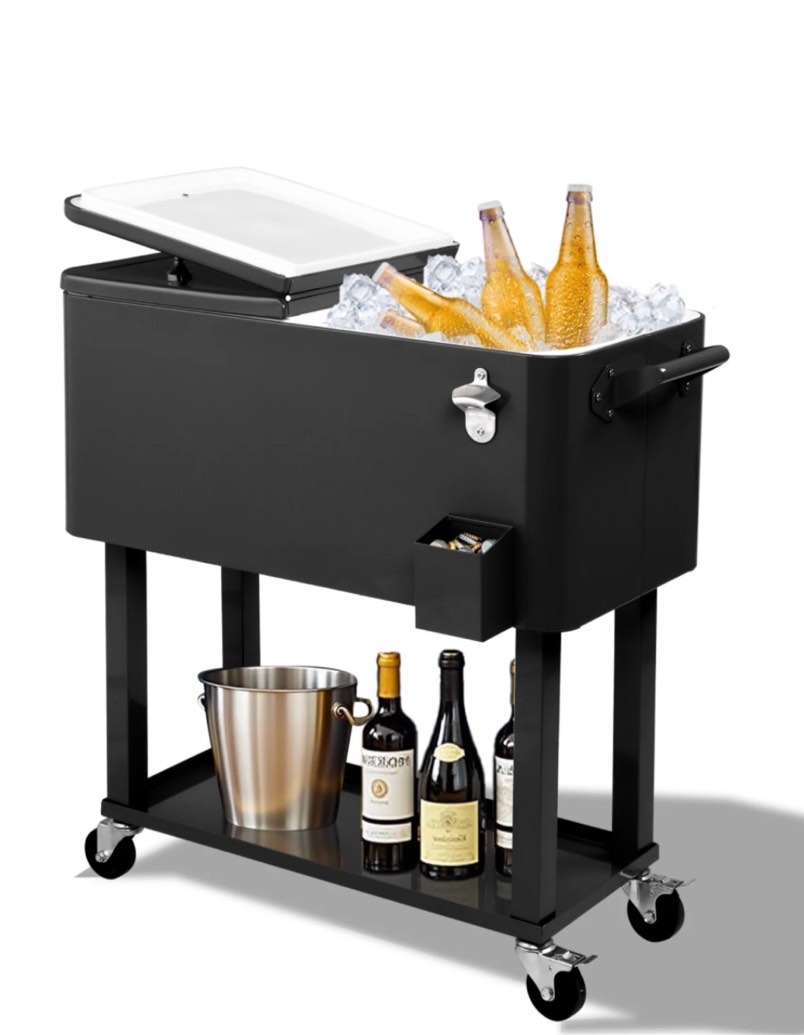 ktaxon 80 qt rolling ice chest cooler cart outdoor trolley with storage shelf bottle opener & cap collector for 48 hour cold drinks black