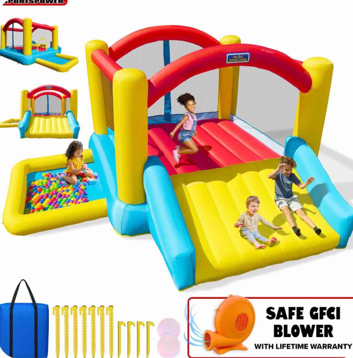 Sportspower Inflatable Bounce House with Slide & Ball Pit, Kids Bouncer with Blower, Indoor Outdoor Backyard Play