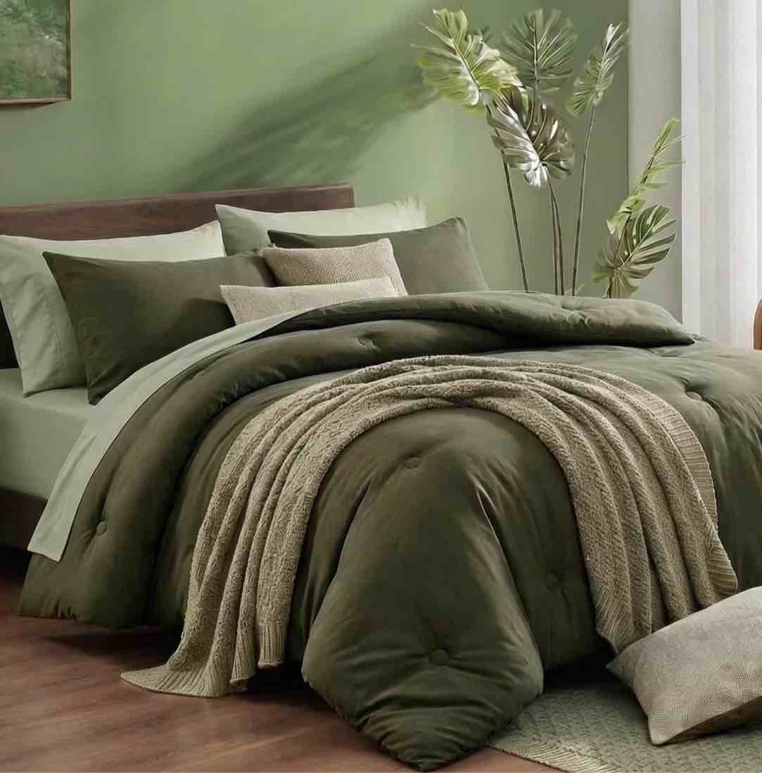 BDEUS 7 Pieces Comforter Set Queen?Bed in A bag?All Seasons Bedding sets with Comforter,Fitted Sheet,Flat Sheet,Pillowcases & Shames?Olive green