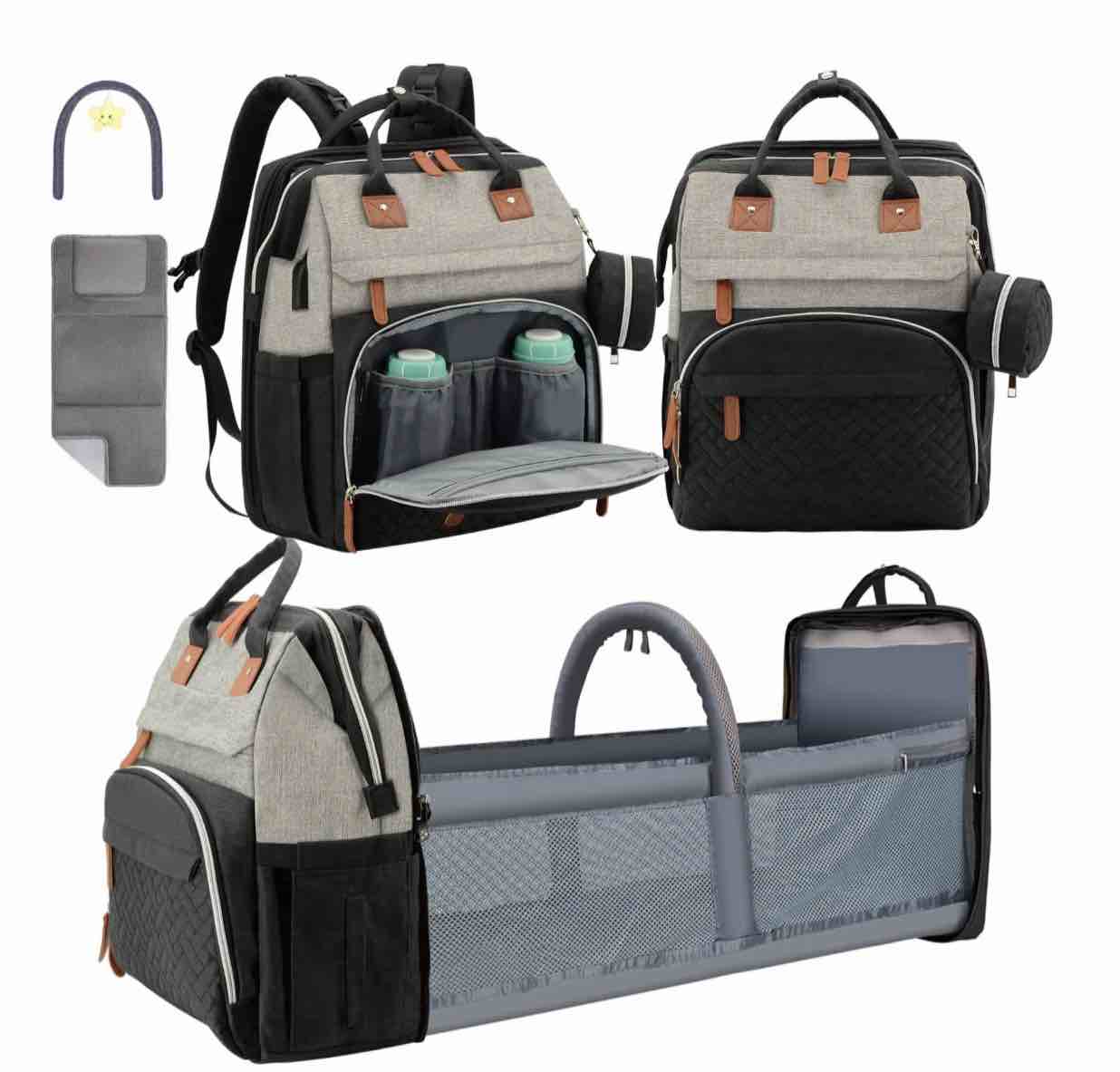 Diaper Bag Backpack for Mom and Dad – Large Capacity Baby Bag w/ USB Port – Waterproof Travel Backpack for Baby Essentials, Stylish Gray/Black