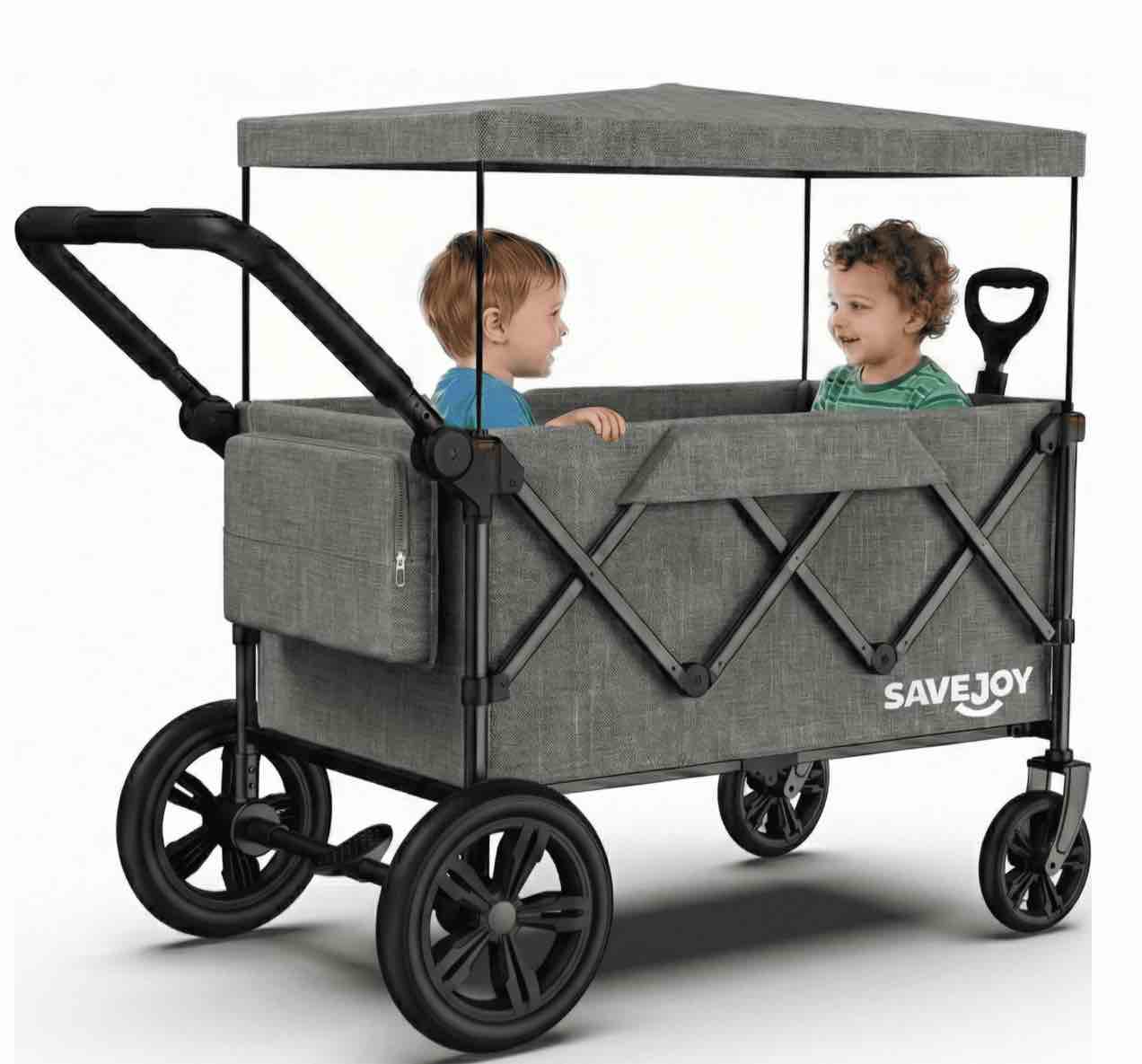 Wagon Stroller for Kids, SaveJoy 3-in-1 Collapsible Stroller Wagon for 2 Toddlers with Removable Canopy, 5-Point Harness, All-Terrain Wheels