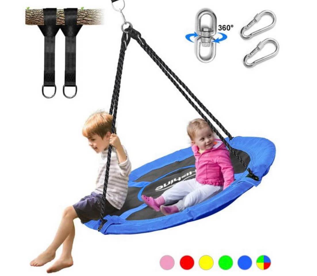 hishine 43 700lbs saucer tree swing for kids waterproof flying saucer swing with a swivel hanging straps adjustable ropes round mat spinner swing for indoor/playground swing set blue