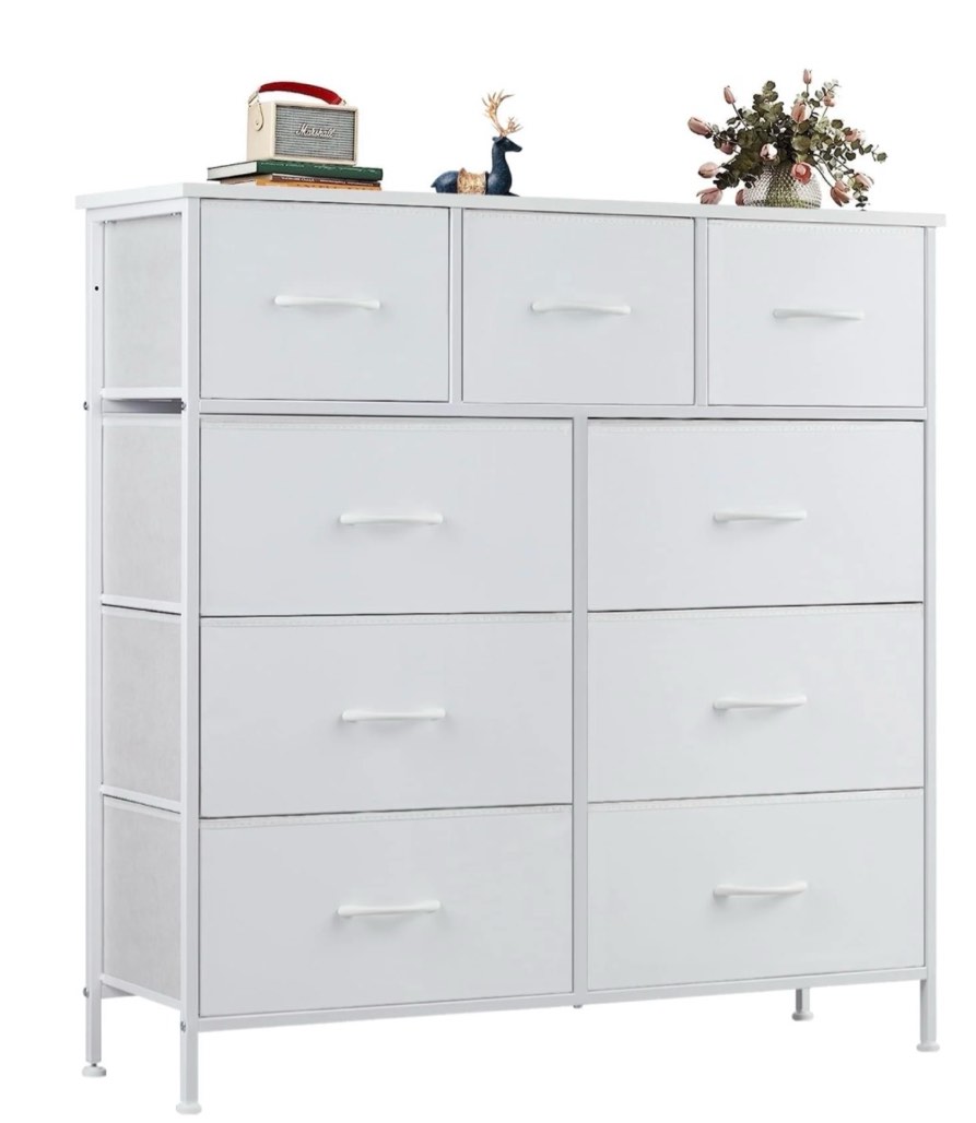 edx fabric storage dresser with 9 drawers, steel frame and wooden top for bedroom, closet and entryway , white