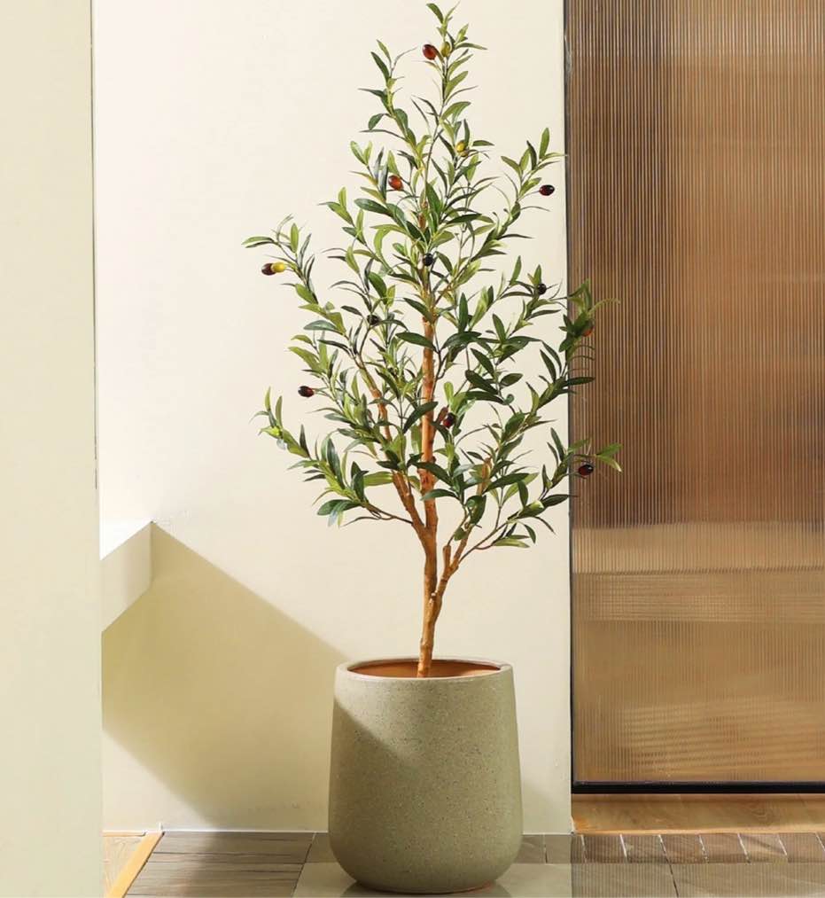 dr.planzen 4ft artificial olive tree indoor, faux olive tree, artificial plants with natural wood trunk and lifelike fruits for home office decor