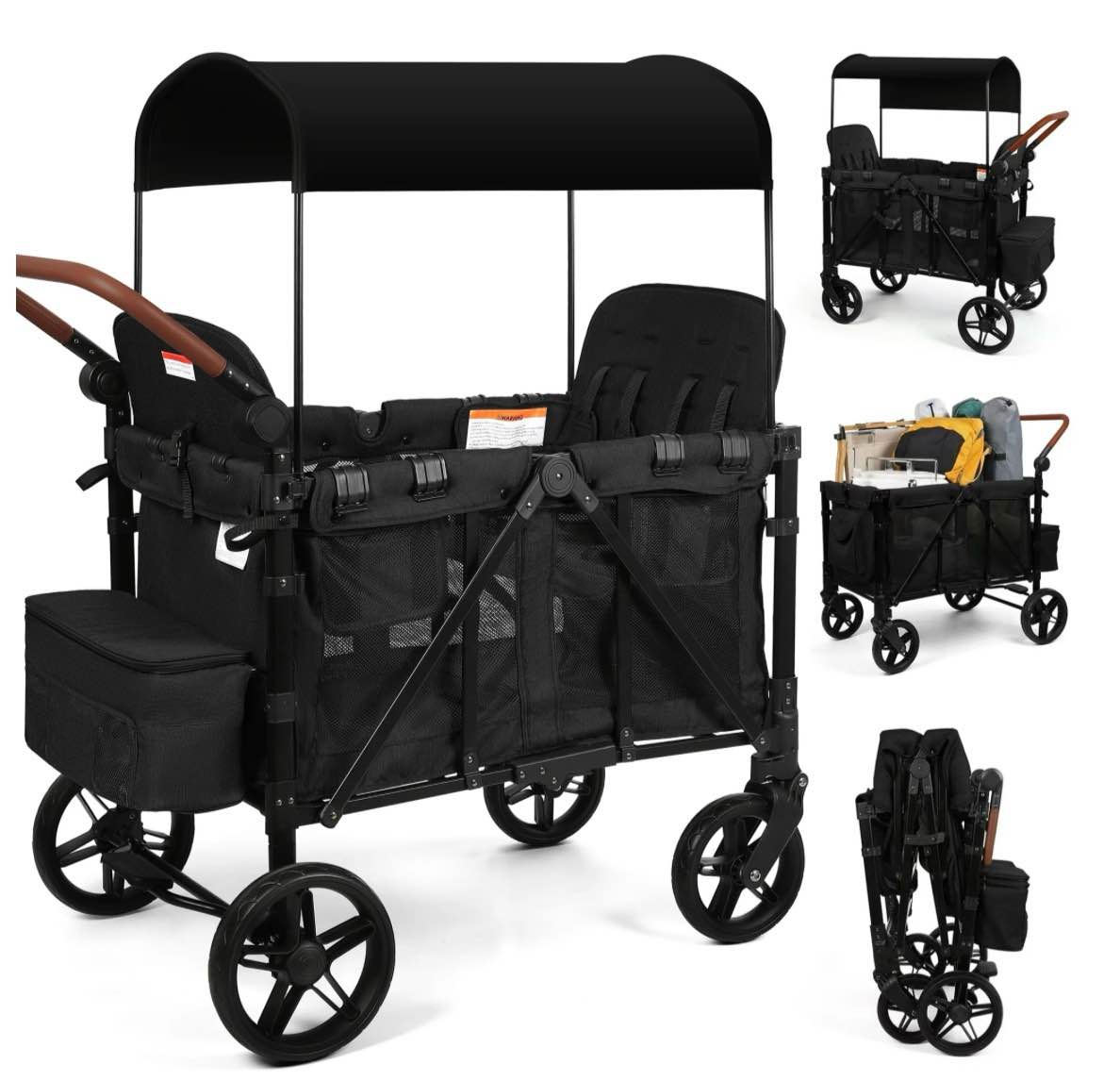 Vomeast Wagon Stroller for 4 Kids, 3-in-1 Outdoor Baby Stroller Wagon with Canopy, 5-Point Harness, Adjustable Handlebars, Removable Seat for Toddlers, Black