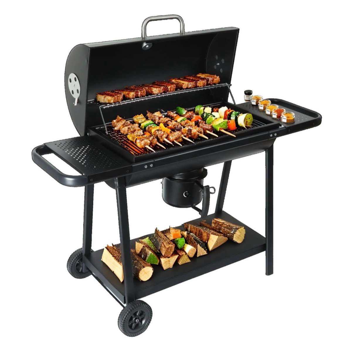 laravist barrel charcoal grill with 608.4 sq in cooking area, adjustable airflow & portable wheels