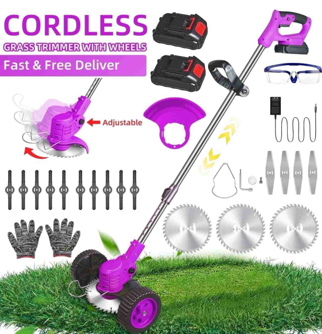the latest small portable cordless electric lawn mower/lawn cutter with 2 high-capacity lithium batteries and 3 types of blades, many gifts, multi-function weed cutter for yard and garden(purple)