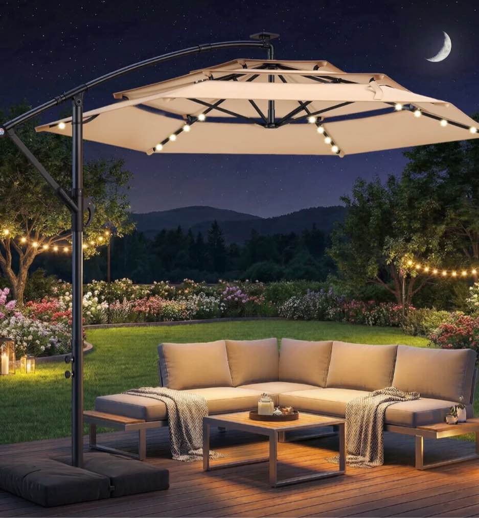 taskbay 10ft 3-tiered cantilever patio umbrella solar led lighted, hanging offset market outdoor sun shade with base stand for beach, backyard, deck, poolside, beige