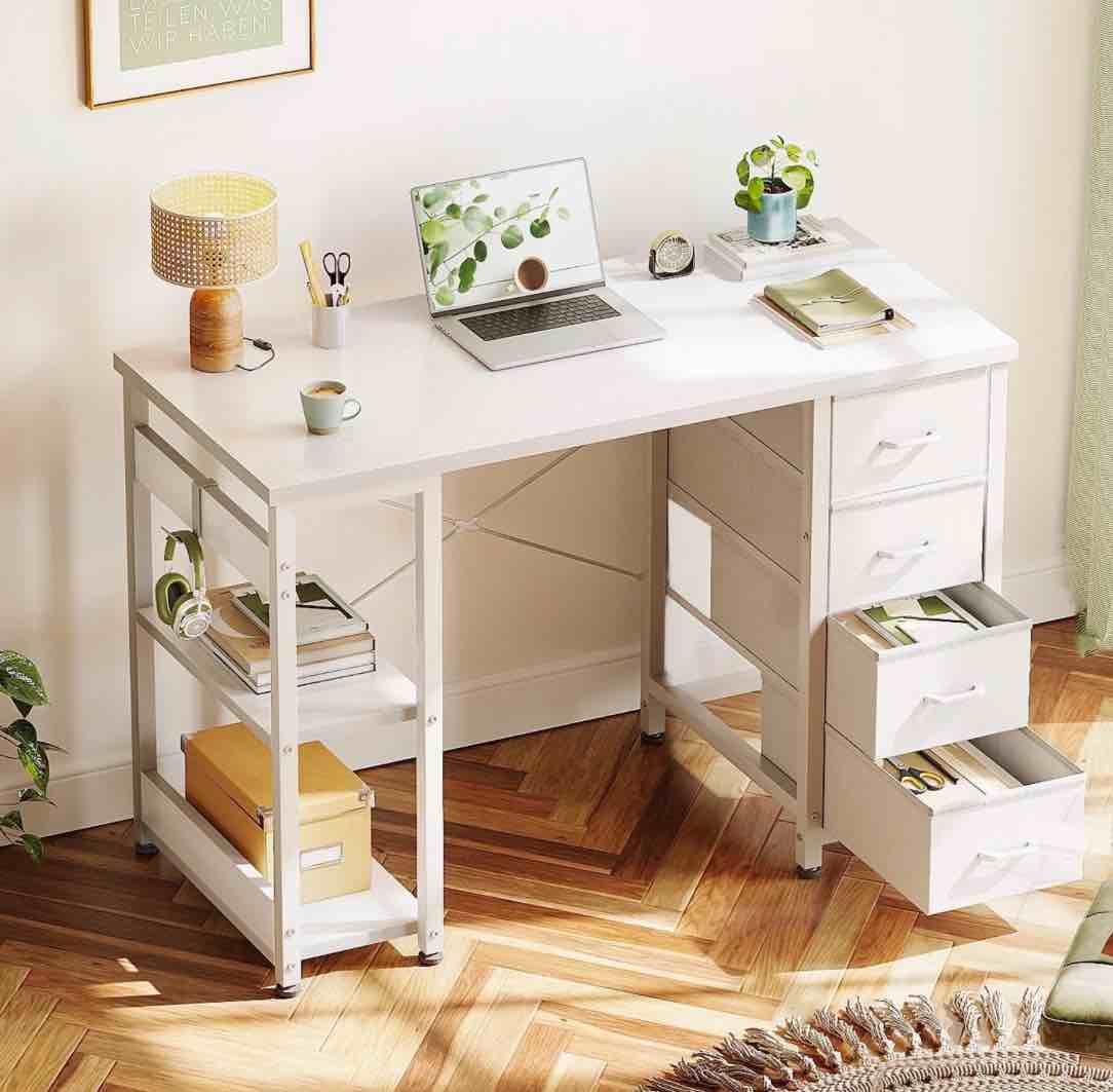 casacomoda computer desk with drawers & storage shelves, 40 inch corner desk for home office bedroom, small teen pc desks with fabric drawer, white