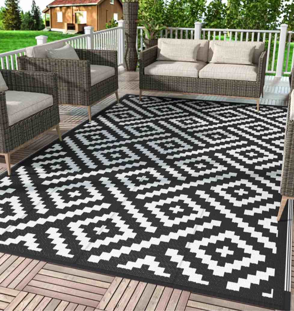 deorab outdoor rugs waterproof plastic straw mat 6'x9' reversible for rv patio deck beach black & white