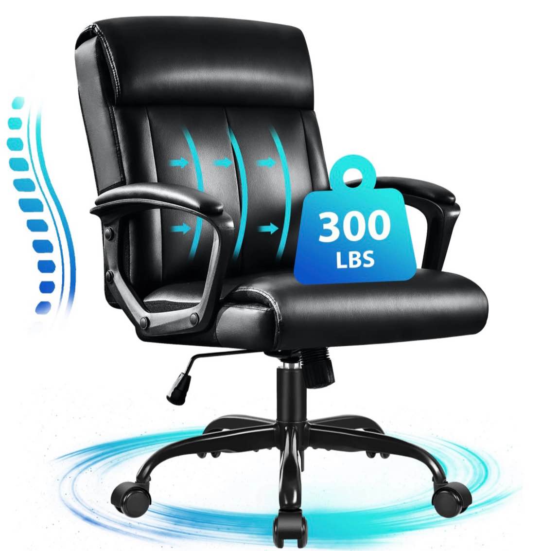 jonpony big and tall office chair 300lbs wide seat ergonomic computer desk chair high back executive leather chair adjustable task chair lumbar back support 8 hours heavy duty design,black