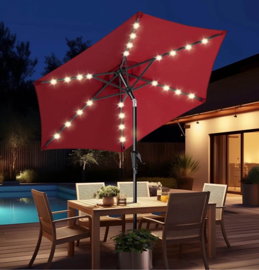 7.5ft solar polyester 18 led lighted patio umbrella with tilt adjustment and uv-resistant fabric for garden deck backyard pool and beach