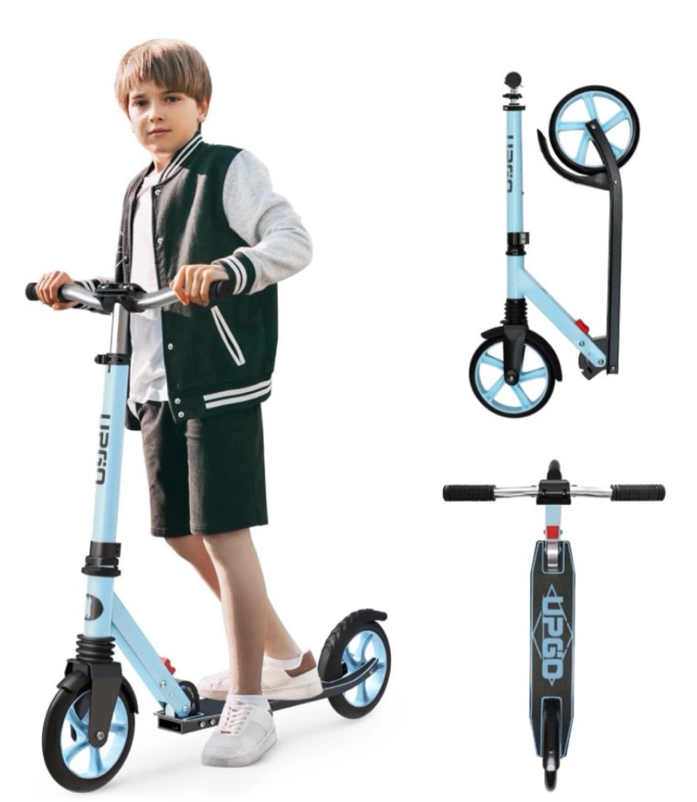 upgo kick scooter for ages 6+, kids, teens & adults, 240 lb max load, foldable, 8-inch wheels,blue