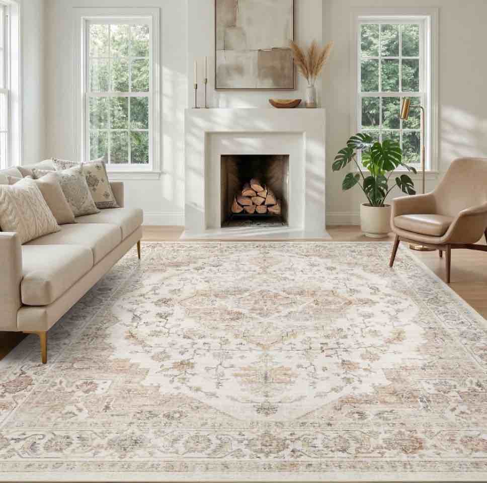 feelhome 5'x7' area rug machine washable soft vintage distressed non slip carpet for living room bedroom dining room taupe