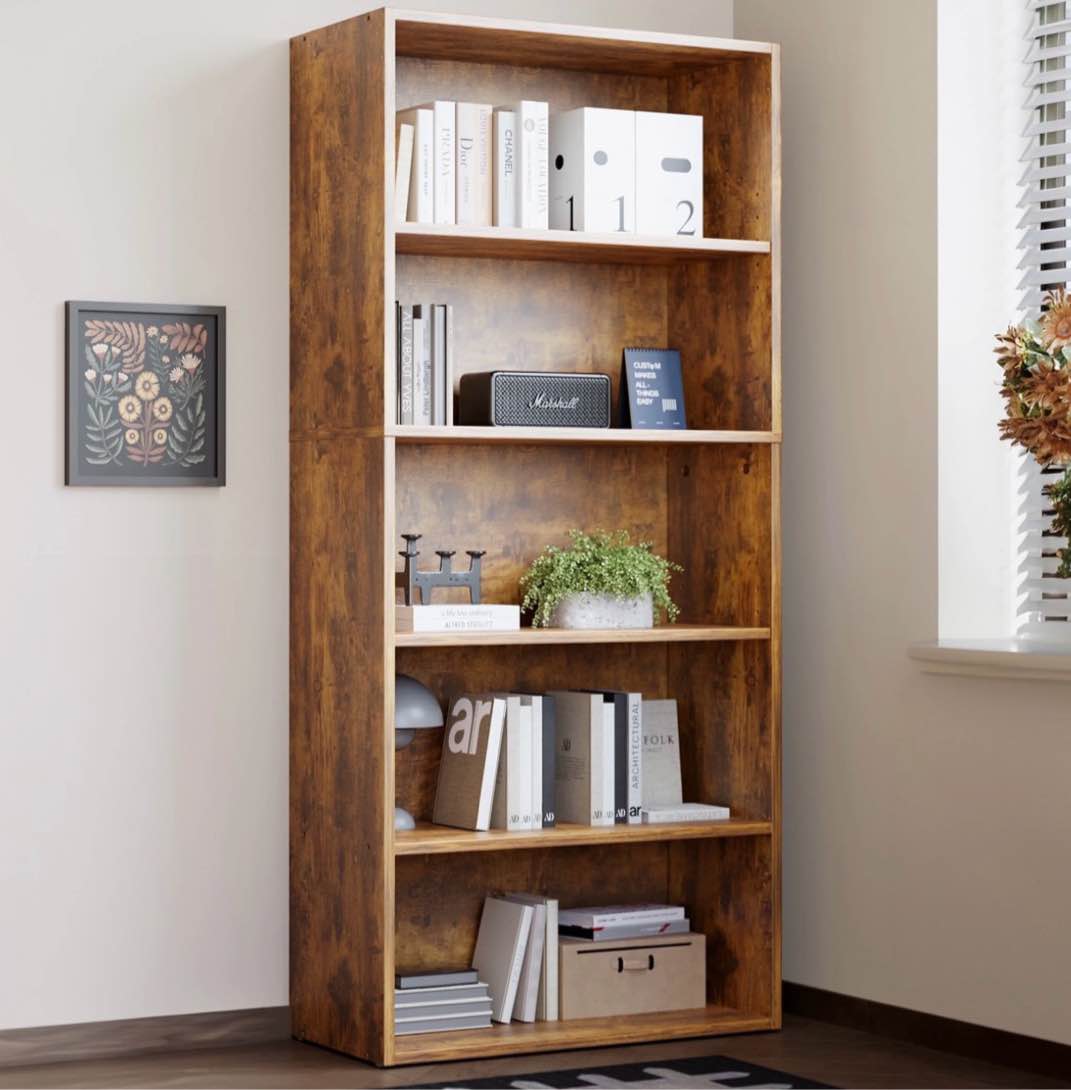 zunmos 5 shelf bookcase, 53 inch tall open industrial standing bookshelf large storage for home office, living room, bed room, rust