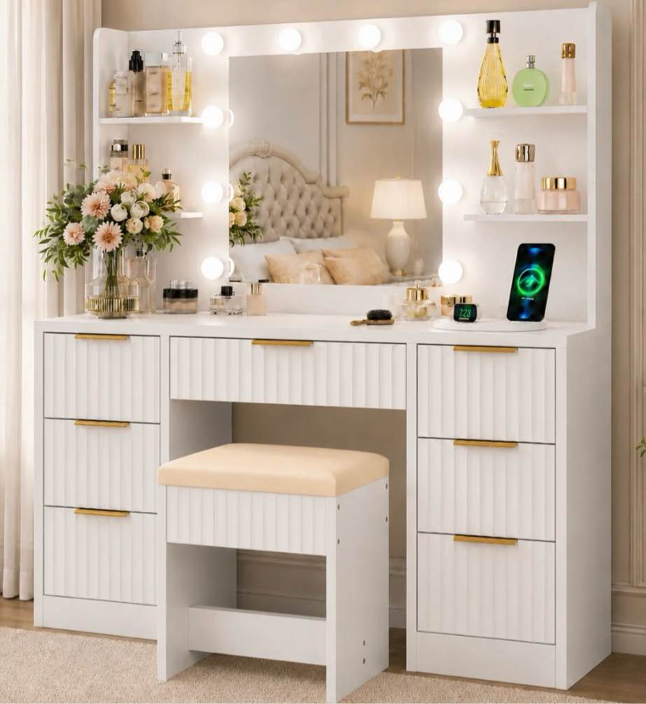 ktaxon get ready with me grwm makeup vanity set with 3 color lighted mirror & charging station, dressing table w/ 7 drawers for femal gift, white