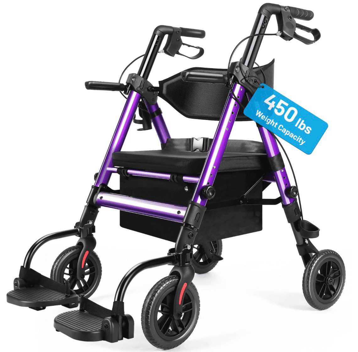 heavy duty rollator walker for seniors with seat, foldable 2-in-1 rolling walkers wheelchair combo for adult , all terrain wheels, adjustable transport chair with brake, 450 lb. weight capacity