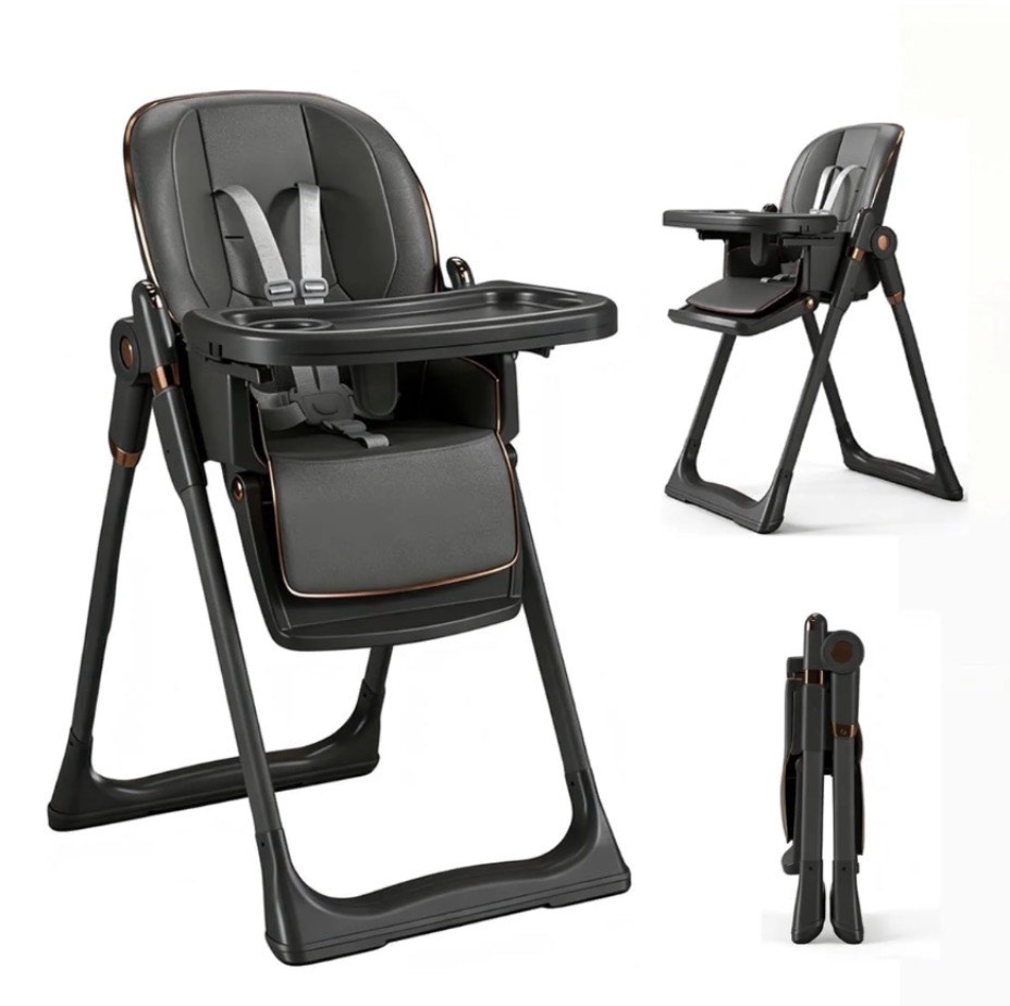 cochildor foldable high chair for babies & toddlers  with 5 point harness  tray  foot rest and wheels  gray