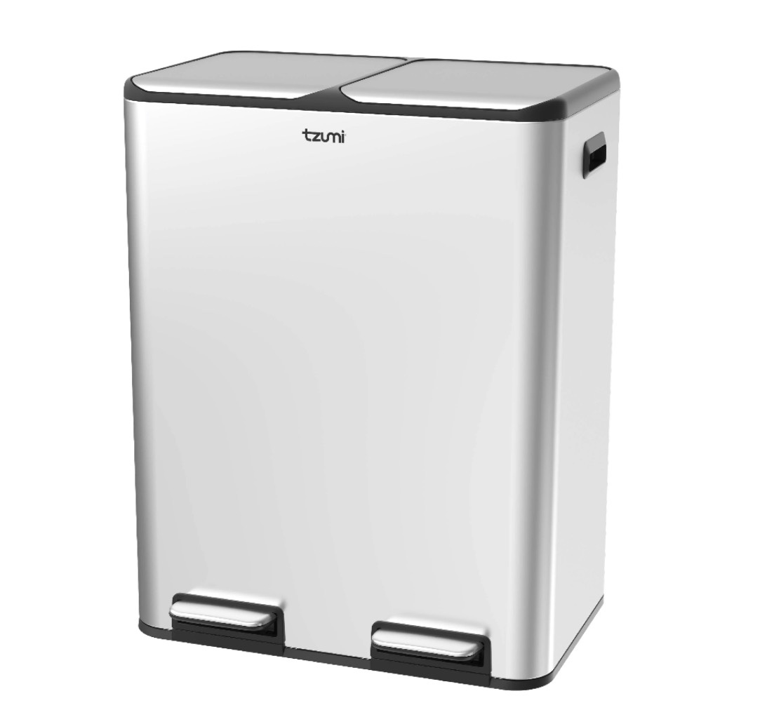 tzumi dual-compartment recycling bin stainless steel trash can for kitchen 16 gallon total