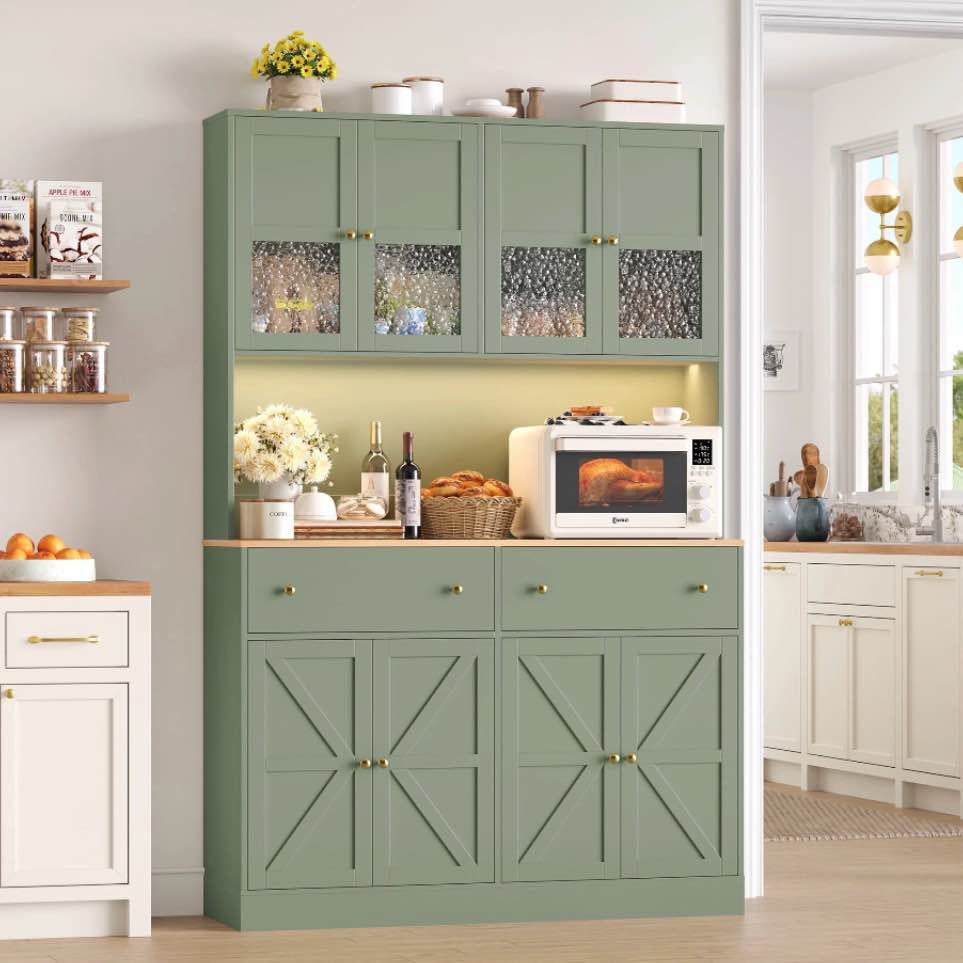 homfa 71 tall kitchen pantry cabinet with led lights & charging station mdf freestanding storage cupboard with 8 doors 2 drawers buffet cabinet wit