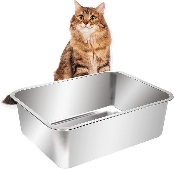 ptlom cat litter box with high sides large stainless steel cat litter pan 23.6 x 15.7 x 7.9