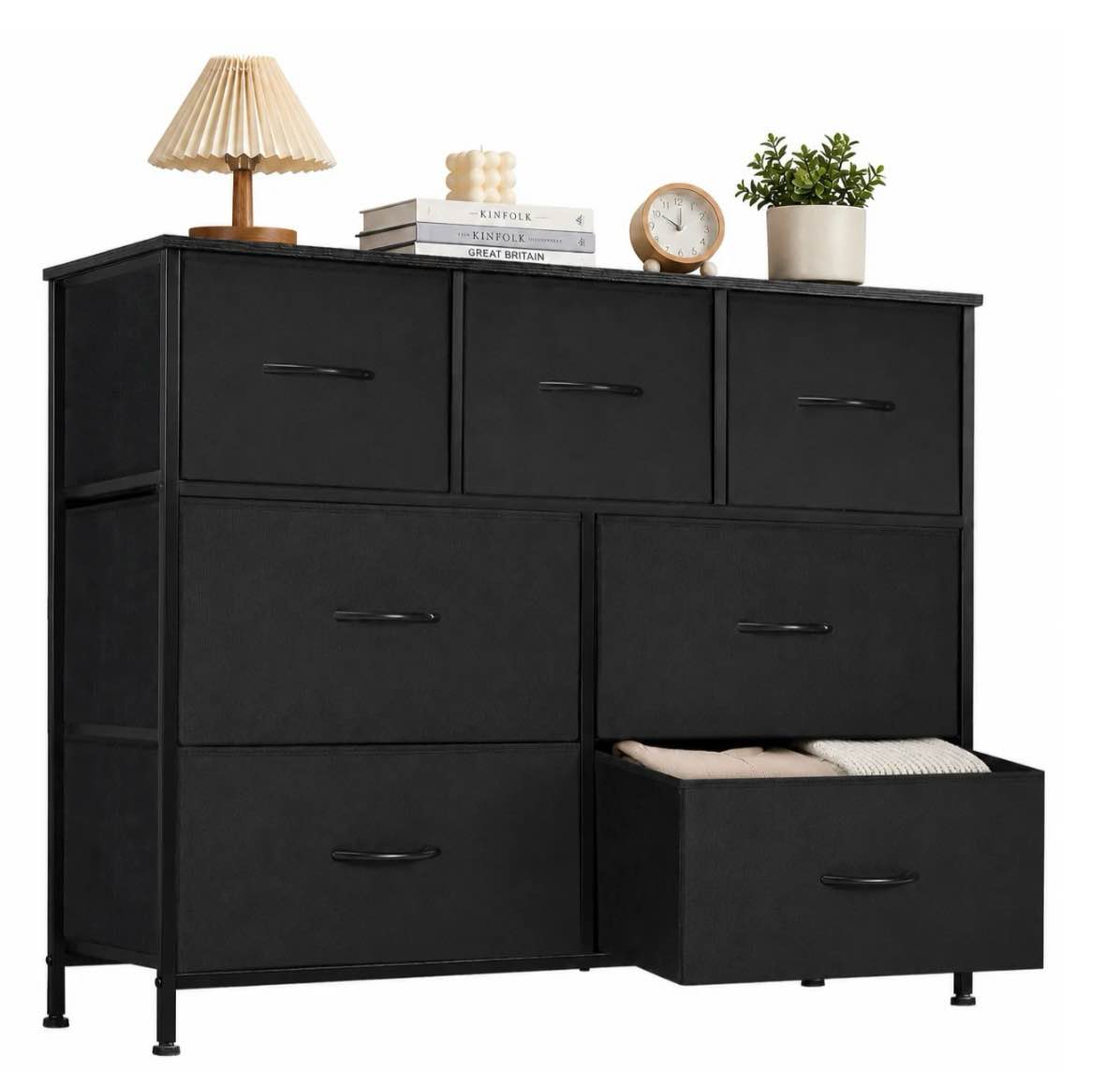 accver 7-drawer fabric dresser with wood top & metal frame, closet and chest for bedroom, clothes storage organizer, for living room, apartment,black