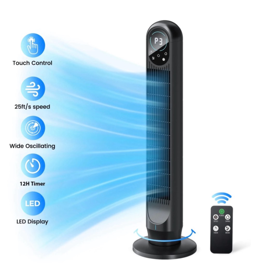 tower fan with remote 31 bladeless floor fans for home 4 modes & 4 speeds 12h timer led display 80° oscillating wide cooling for bedroom office