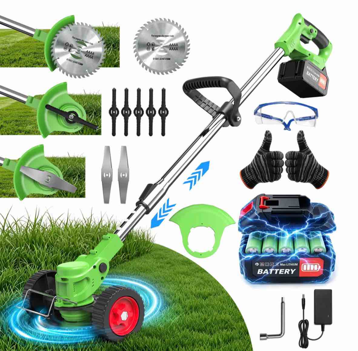 tntants weed wacker cordless, 3-in-1 lightweight electric string trimmer with 3 types of blades, wheels, 24v battery, weed eater grass trimmer/edger/brush cutter for lawn yard garden (green)