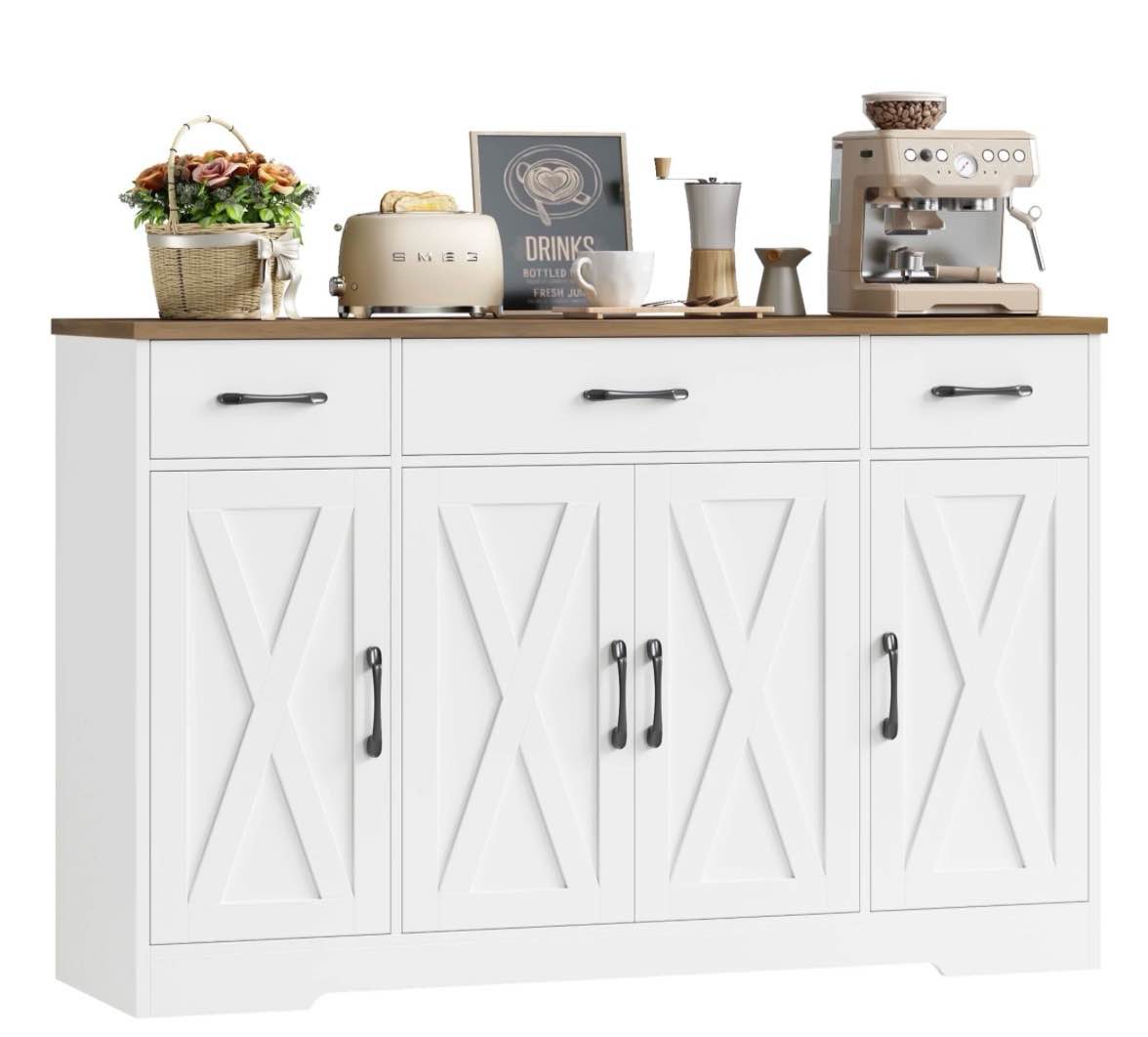 homfa buffet cabinet with 3 drawers and 4 doors, 55.1" w kitchen sideboard storage cabinet with adjustable shelves, farmhouse coffee bar cabinet for d