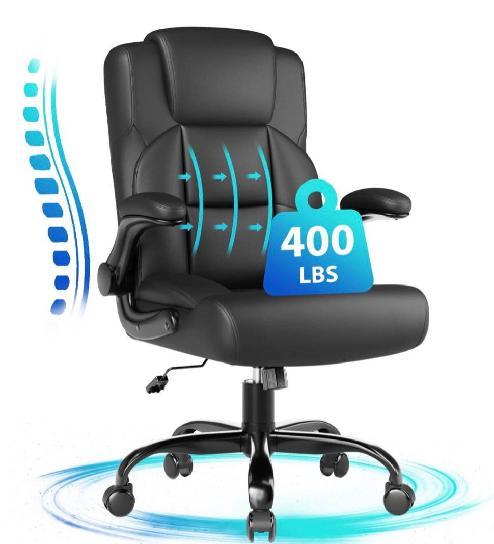 jonpony leather office chair, big and tall office chair 400lbs wide seat ergonomic computer desk chair high back executive leather chair adjustable task chair lumbar back with 1-year warranty, black