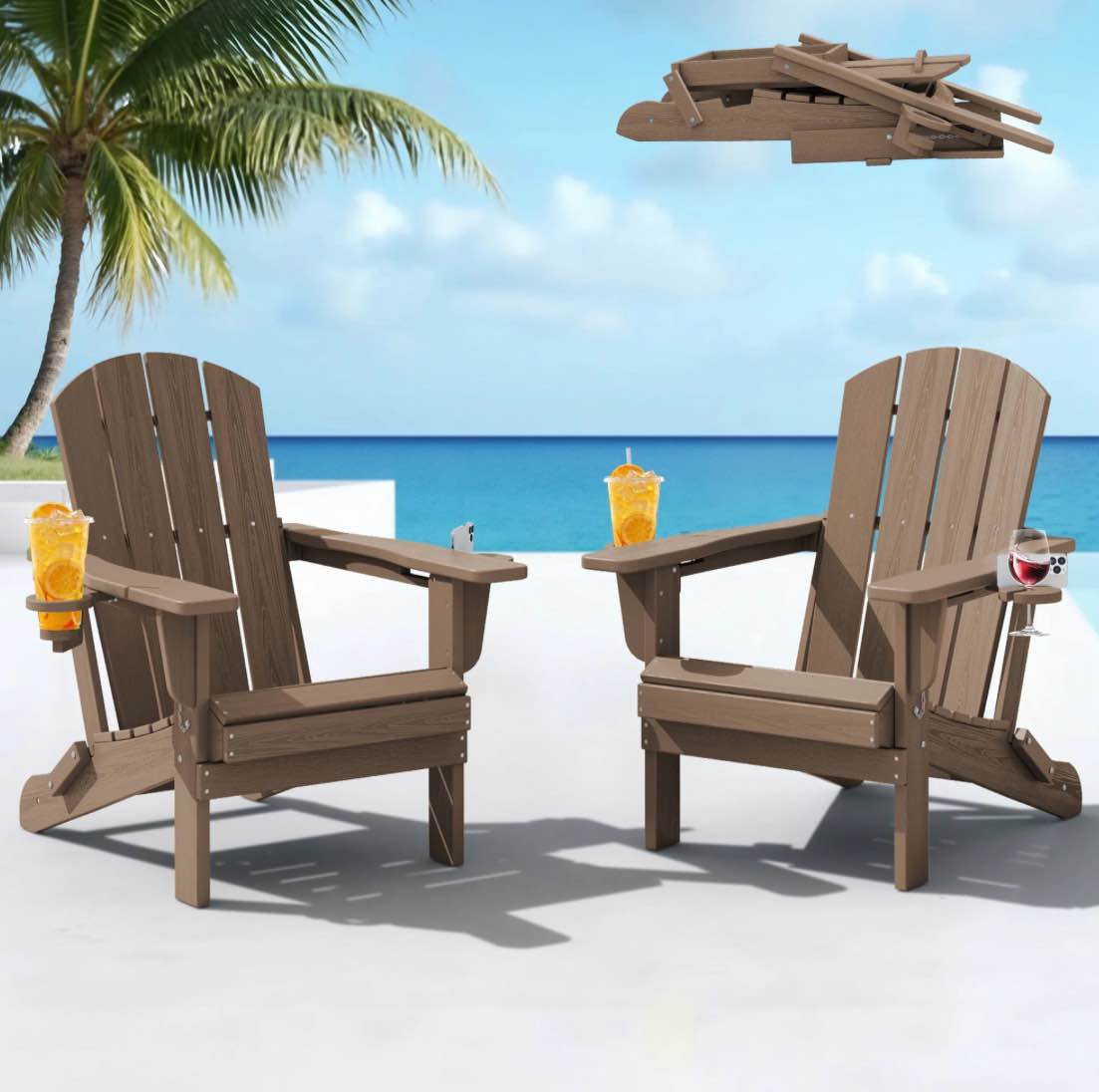 serwall folding adirondack chair set of 2 with dual cup holders & phone holder, all-weather hdpe fire pit chairs for outdoor, patio, poolside, garden - brown