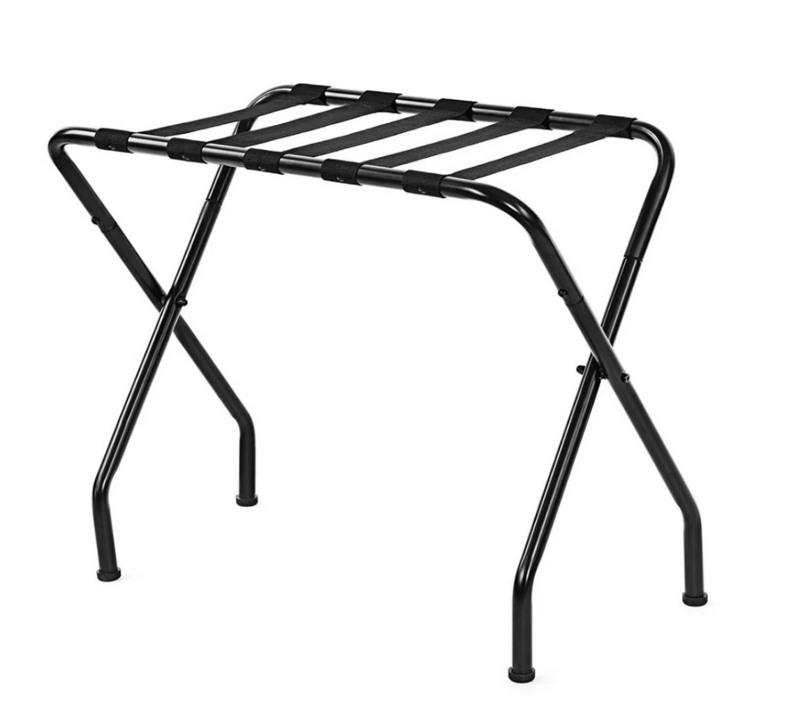 ktaxon portable folding metal luggage rack with nylon belts suitcase stand holder shelf space saving easy to install for travel home hotel guest room bedroom - black