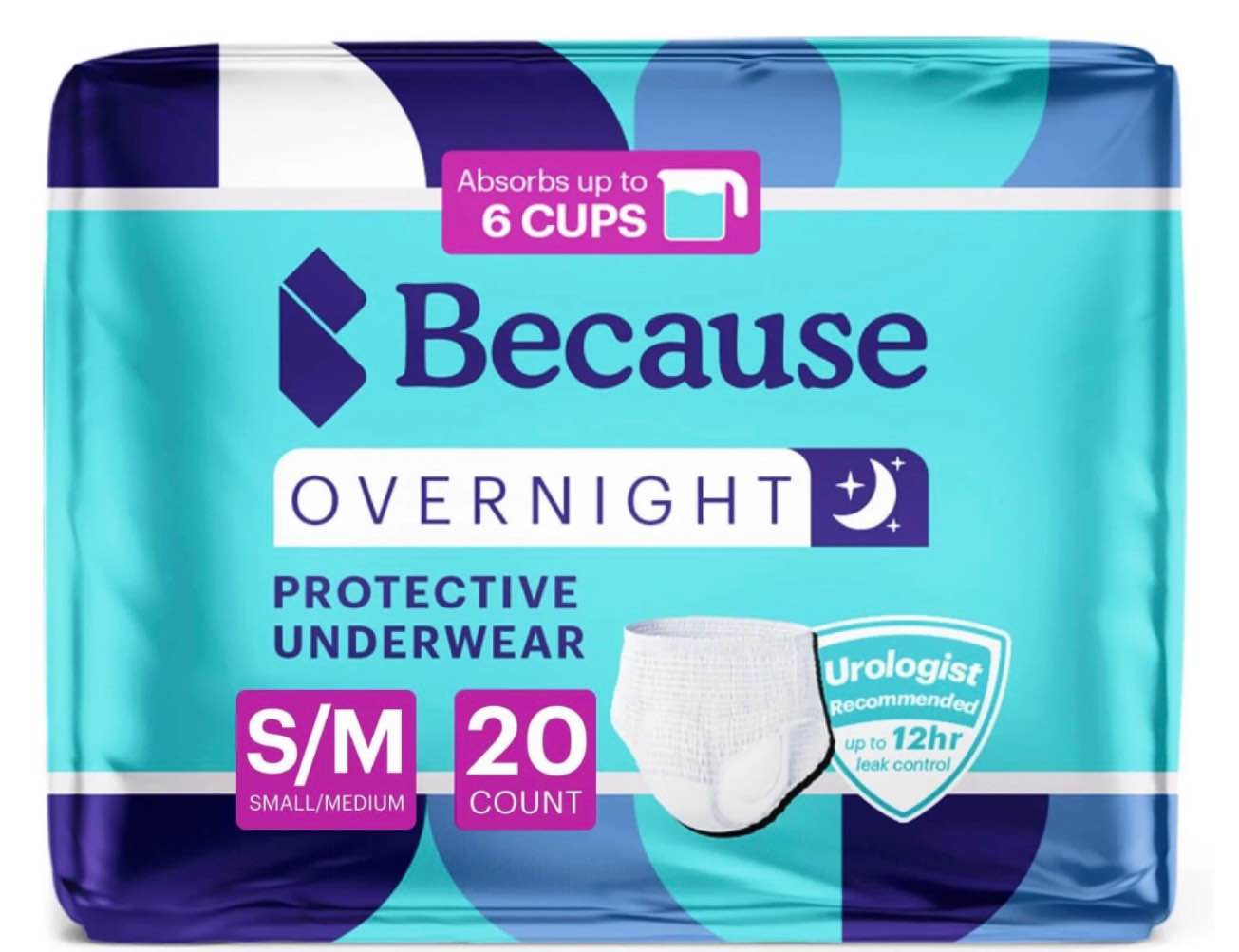 because premium overnight plus incontinence underwear - white, s/m, 20 ct