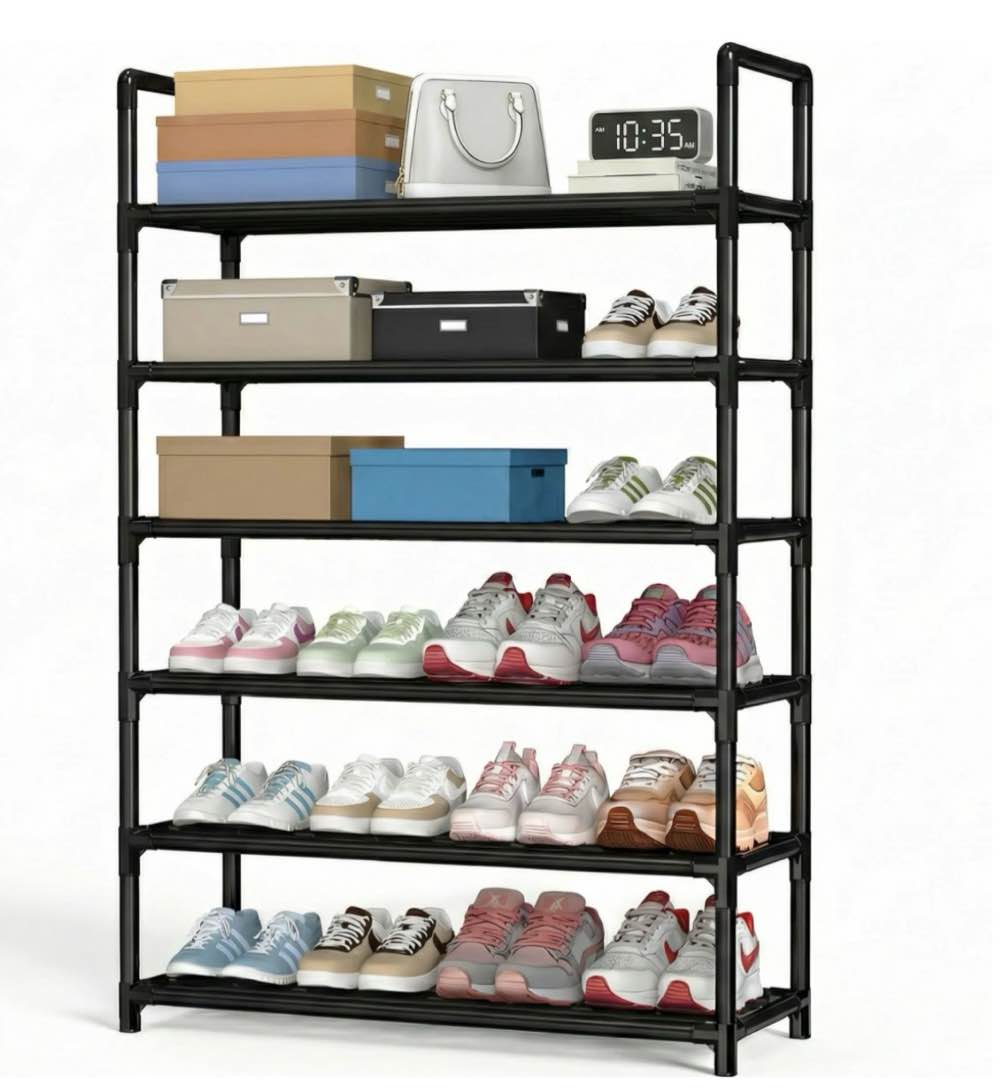 krpimt 6-tier shoe rack, 31.5" stackable shoe organizer storage holds 18-24 pairs, metal shoe shelf for entryway hallway and closet, black