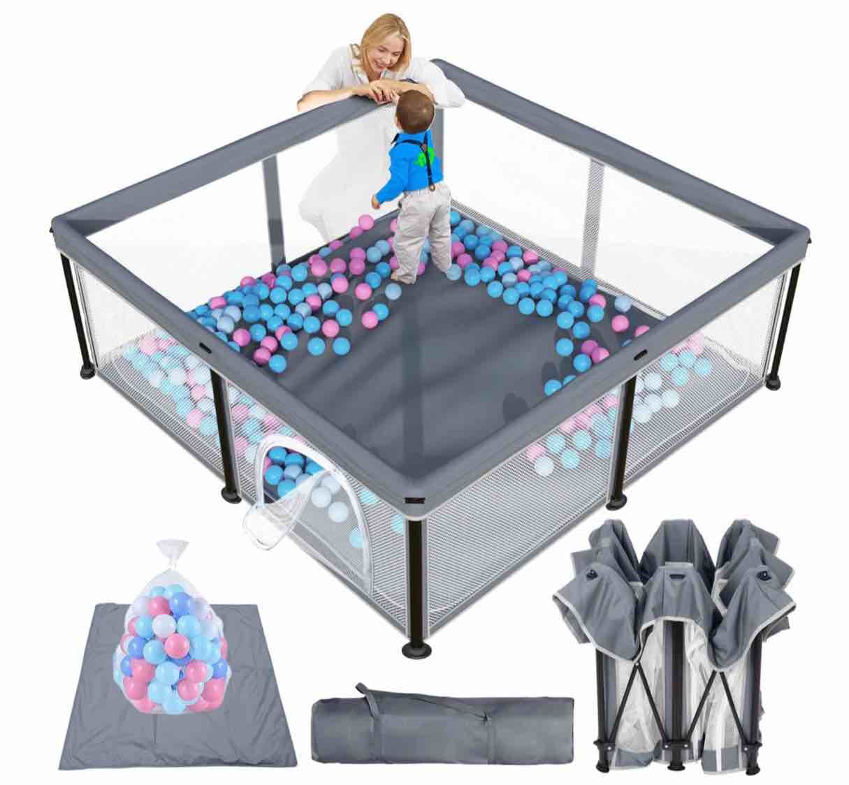g taleco gear baby playpen with mat, foldable playpen for babies and toddlers, portable travel play yard, 50"x50", gray