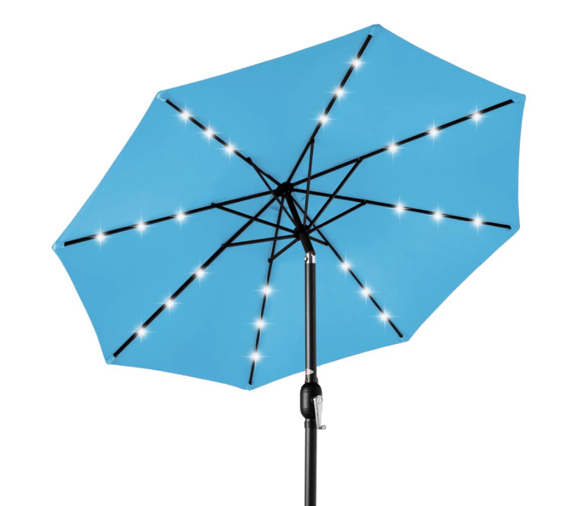 best choice products 10ft solar led lighted patio umbrella w/ tilt adjustment uv-resistant fabric -sky blue