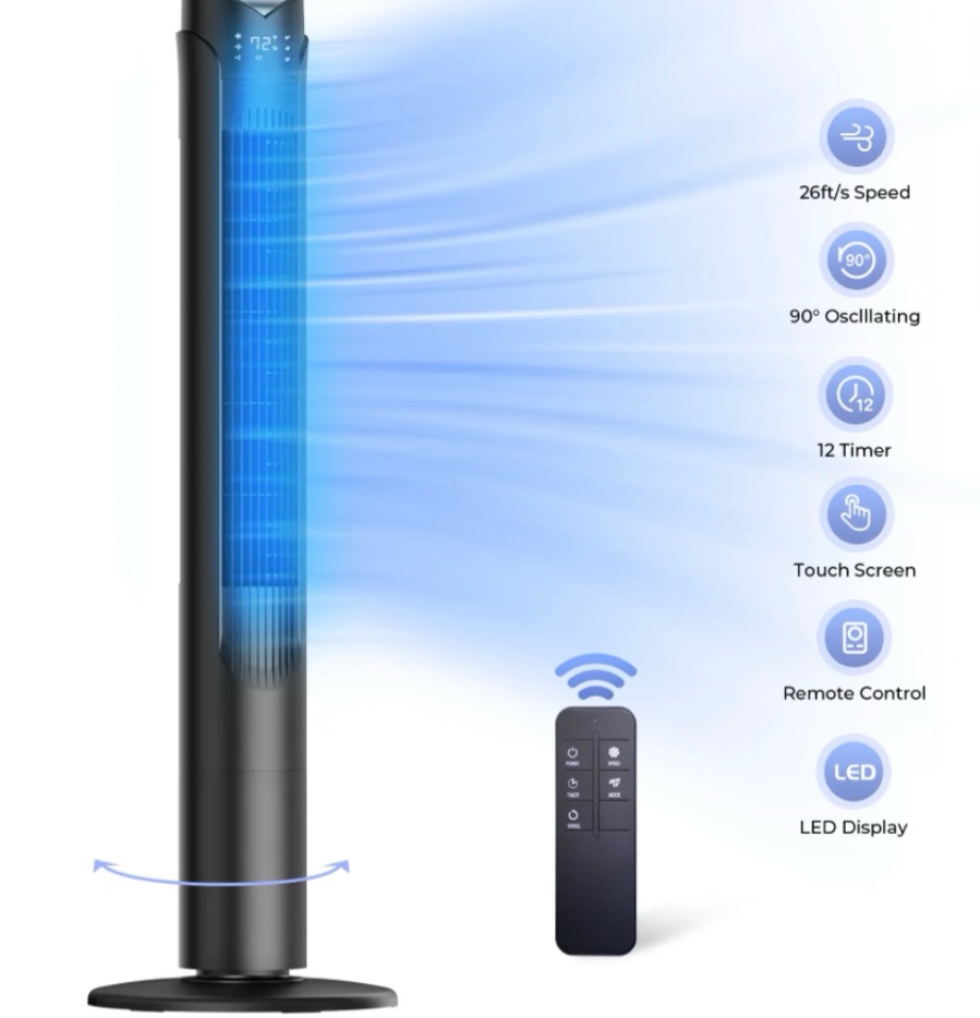 41 tower fan with remote 90° oscillating fans with 3 speeds 3 modes 26 ft/s high velocity led display 12h timer for home living room office