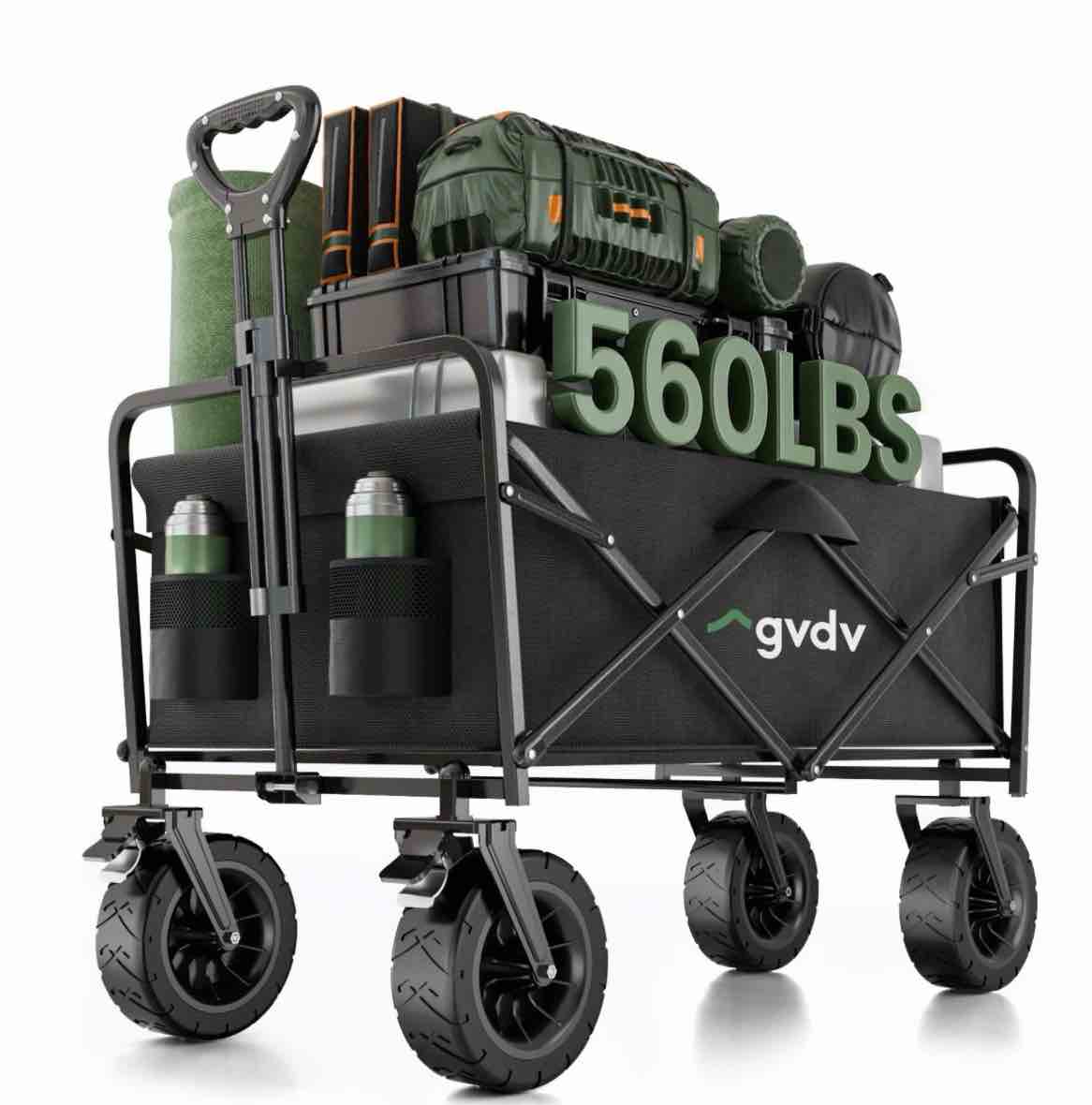 gvdv collapsible folding wagon, 560lbs large heavy duty utility cart with all-terrain wheels and adjustable handles for shopping, camping, sports, outdoor, beach, black