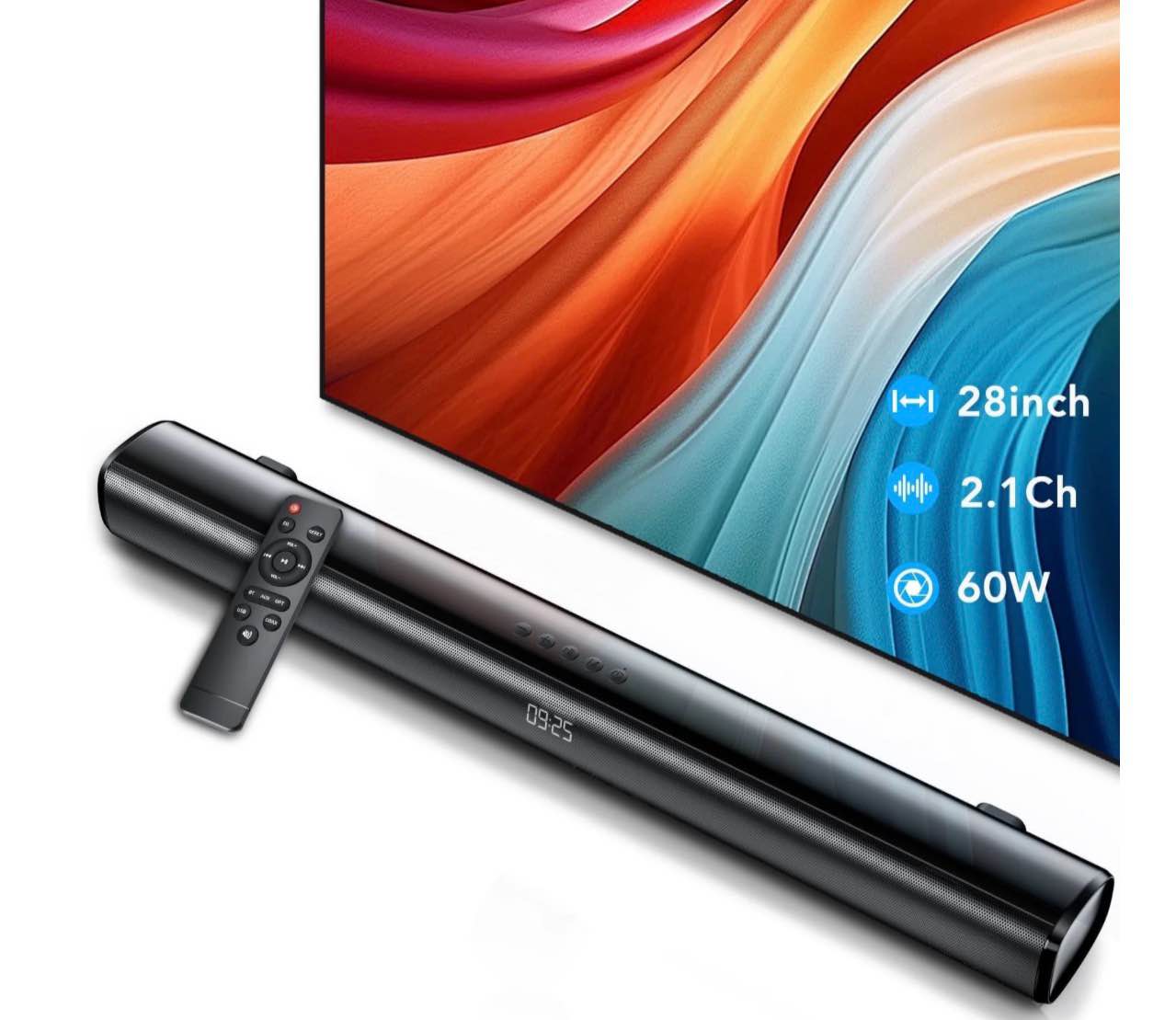 sound bar for tv, 60w soundbar tv speakers, 2.1 ch home theater with subwoofer boost, 3 equalizer modes, soundbar for tv/pc/gaming/projectors, bluetooth, opt, cox, usb & aux wall mountable