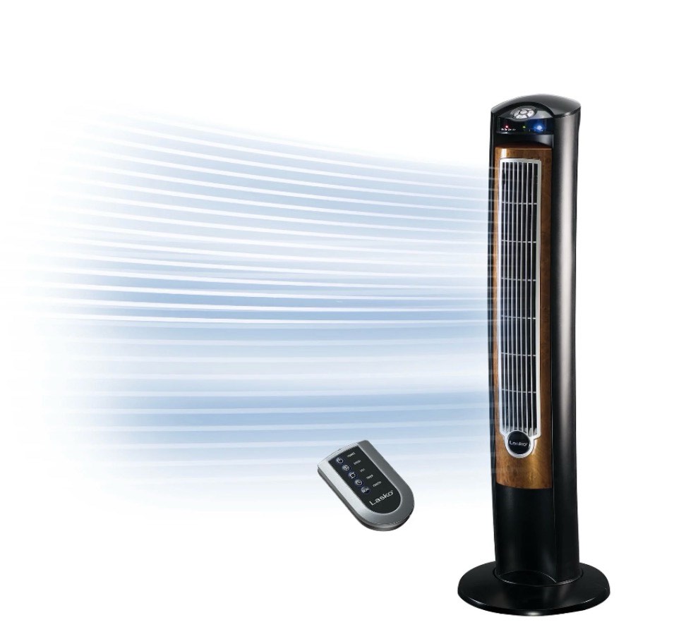 lasko 42 wind curve 3-speed oscillating remote controlled tower fan with ionizer t42950