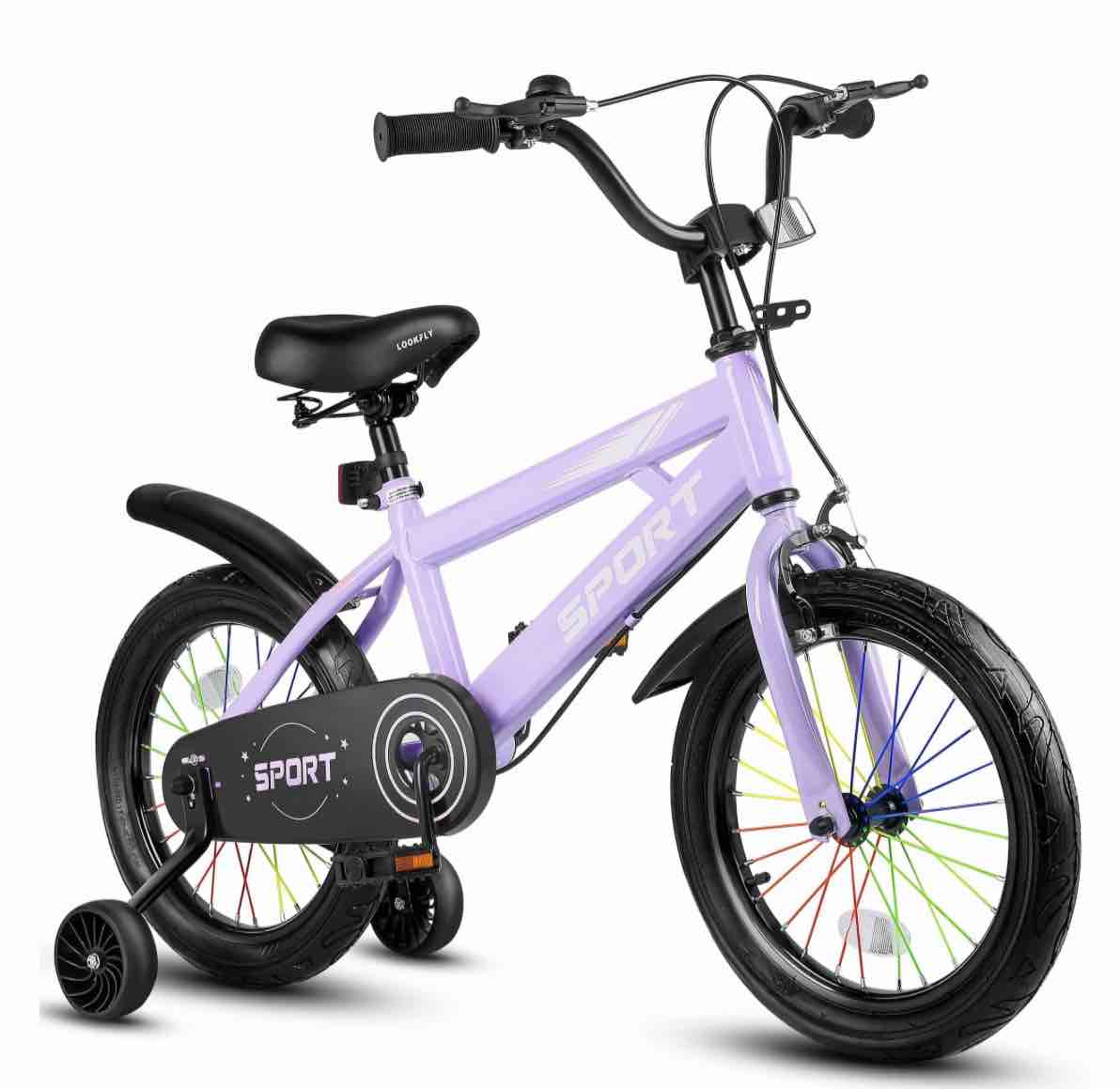 lookfly 16" kids bike for boys and girls with removable training wheels,children's cicycle,purple