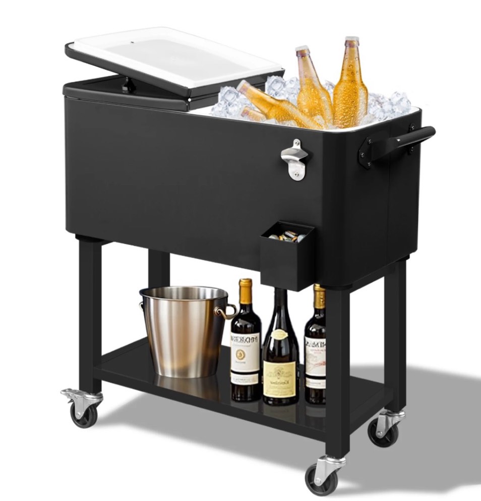 ktaxon 80 qt rolling ice chest cooler cart outdoor trolley with storage shelf bottle opener & cap collector for 48 hour cold drinks black