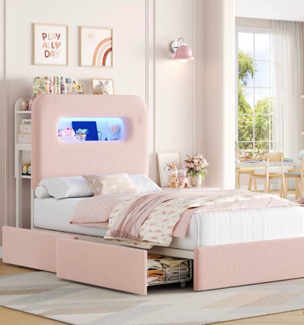 homfa twin size velvet upholstered bed with led lights & 2 drawers, storage headboard platform bed frame with usb ports & outlets, pink