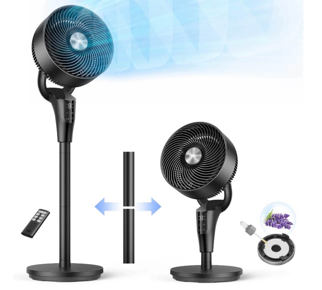 dreo pedestal fans for home 20db ultra quiet 2-in-1 table floor fan 29.2 ft/s hyperfast airflow 90° oscillation 105° tilt standing fan 3 modes 8 speeds with remote 8h timer aroma pad 2026 new