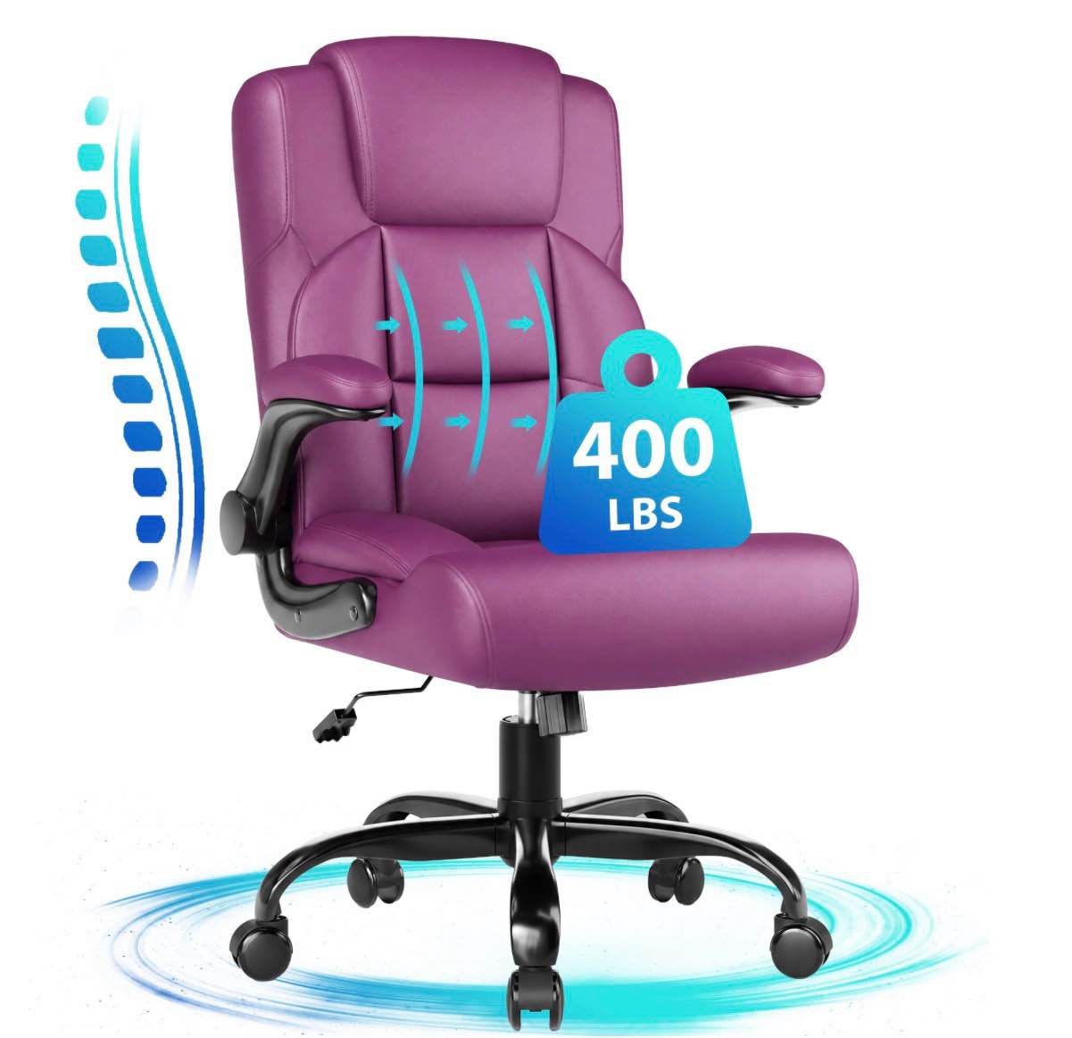 jonpony leather office chair, big and tall office chair 400lbs wide seat ergonomic computer desk chair high back executive leather chair adjustable task chair lumbar back with 1-year warranty, purple