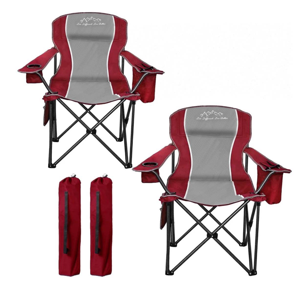 freesky camping chair, oversized padded folding camp chair supports 480 lbs, portable quad armchair with cooler bag and storage pocket, 2 pack, red