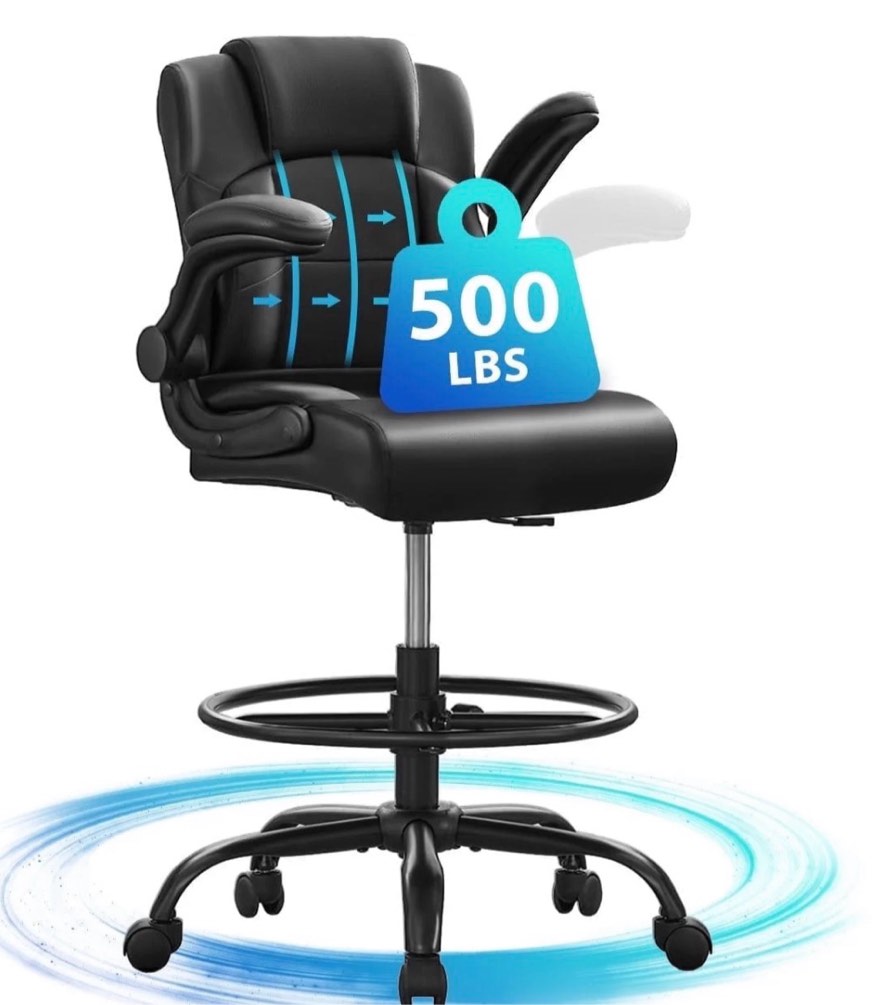 jonpony 500 lbs tall office chair with flip-up armrests for standing desk executive ergonomic computer leather desk chair with lumbar support, adjustable foot ring for home,black